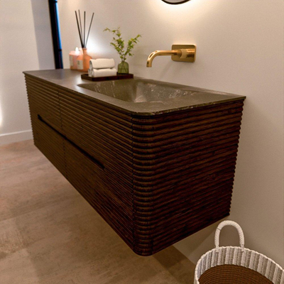 Mondiaz CIRO-DLUX Ensemble de meubles de salle de bains - 140x45x50cm - lavabo solid surface Lava - 1 vasque à droite - sans trous de robinet - 4 tiroirs - Noyer