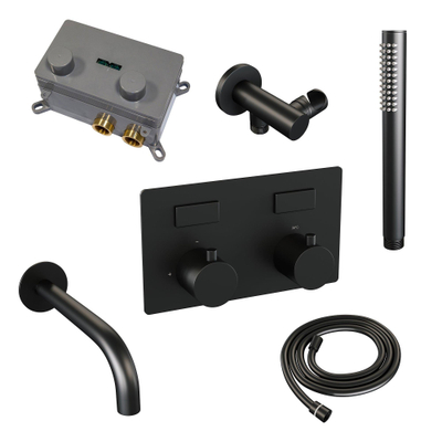 BRAUER Black Edition thermostatische inbouw badkraan - drukknoppen SET 03 - uitloop - staaf handdouche - doucheslang - wandaansluitbocht - zwart mat
