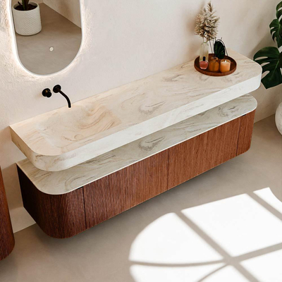 MONDIAZ THOR-DLUX 190cm meuble de salle de bains arrondi gauche + droite couleur Ruby avec 2 tiroirs et 2 portes. Vasque suspendue CLOUD Gauche sans trou de robinet couleur Ostra.