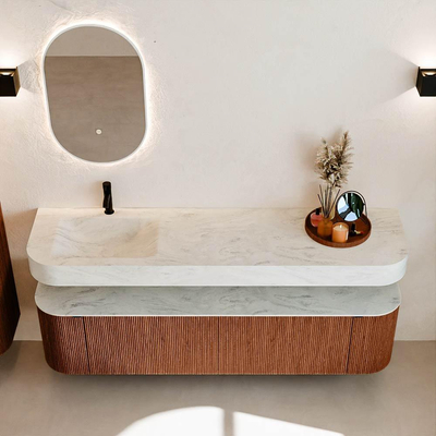 MONDIAZ THOR-DLUX 180cm meuble de salle de bains arrondi gauche + droite couleur Ruby avec 2 tiroirs et 2 portes. Vasque suspendue CLOUD Gauche 1 trou de robinet couleur Opalo.