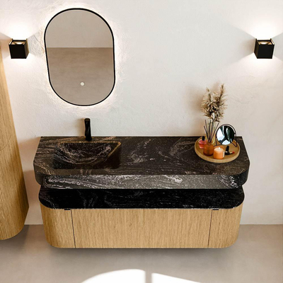 MONDIAZ THOR-DLUX 150cm meuble de salle de bains arrondi gauche + droite couleur Oak avec 1 tiroir et 2 portes. Vasque suspendue CLOUD gauche 1 trou de robinet couleur Lava.