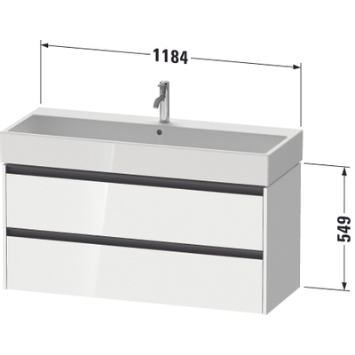 Duravit Ketho 2 wastafelonderbouwkast met 2 laden voor enkele wastafel 118.4x46x54.9cm met grepen antraciet hoogglans wit