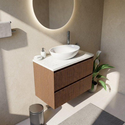 Saniclass Holz Atelier Ensemble de meubles de salle de bains - 80x45x63cm - Plan vasque en marbre Dia poli (blanc) - 1 trou de robinetterie - 2 tiroirs - walnut pure mat (bois)