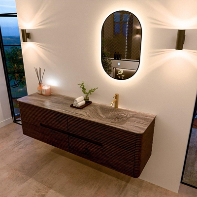 Mondiaz CIRO-DLUX Meuble de salle de bains - 170x45x50cm - Vasque solid surface Oza - 1 lavabo à droite - 1 trou de robinet - 4 tiroirs - Noyer