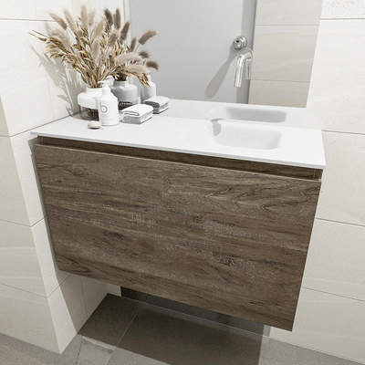 MONDIAZ OLAN Toiletmeubel 80x30x40cm met 0 kraangaten 1 lades dark brown mat Wastafel Lex rechts Solid Surface Wit