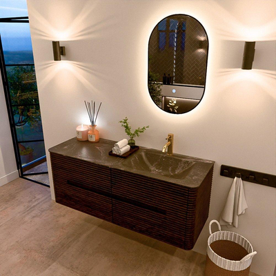 Mondiaz CIRO-DLUX Badkamermeubelset - 130x45x50cm - Solid surface wastafel Lava - 1 wasbak Rechts - 1 kraangat - 4 lades - Walnut