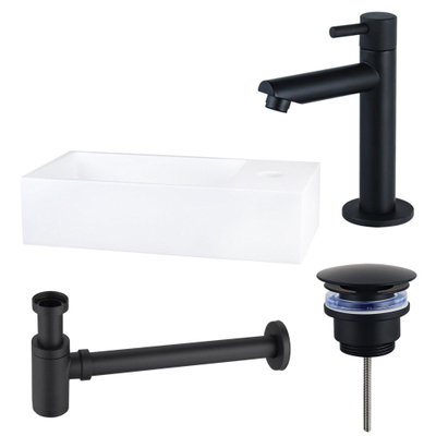 Fortifura Fuente Pack Lave-mains - 36x18.5x9cm - 1 trou de robinet - solid surface - robinet Noir mat - Blanc mat