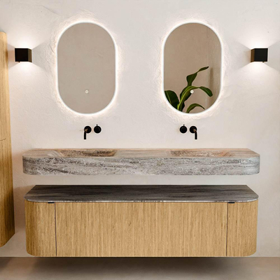 MONDIAZ THOR-DLUX 170cm meuble de salle de bains arrondi gauche + droite couleur Oak avec 1 tiroir et 2 portes. Vasque suspendue CLOUD Double sans trou de robinet couleur Oza.