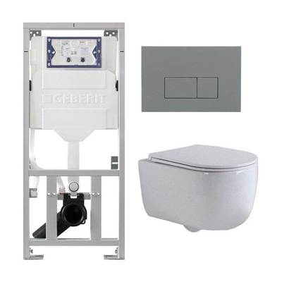 QeramiQ Dely Swirl Pack WC suspendu - 36.3x51.7cm - bâti-support Geberit UP320 - abattant slim - plaque de commande gris clair - boutons rectangulaires - blanc mat
