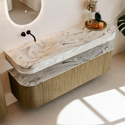 MONDIAZ THOR-DLUX 160cm meuble de salle de bains arrondi gauche + droite couleur Dusk avec 1 tiroir et 2 portes. Vasque suspendue CLOUD Gauche sans trou de robinet couleur Glace.