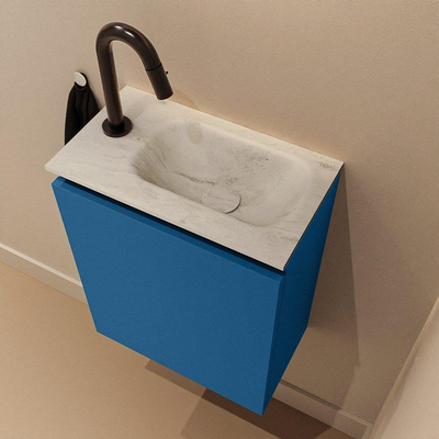 MONDIAZ TURE-DLUX Meuble toilette - 40cm - Jeans - EDEN - vasque Opalo - position droite - 1 trou de robinet