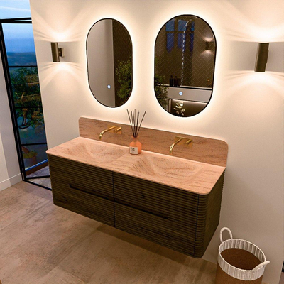 Mondiaz CIRO-DLUX Ensemble de meubles de salle de bains - 140x45x50cm - Vasque solid surface Saba - 2 bacs Double - sans trous de robinet - 4 tiroirs - Shadow