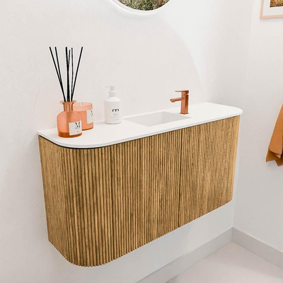 Mondiaz JOYA 83.2cm toiletmeubel - ronding links en rechts kleur Oak - Wastafel FAYE positie Midden 1 kraangat kleur Talc.