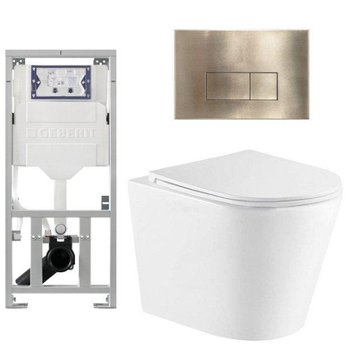 QeramiQ Dely Pack WC - 36.3x51.7cm - à fond creux - sans bride - réservoir encastré Geberit UP320 - abattant WC à fermeture douce - plaque de déclenchement en laiton brossé - boutons rectangulaires - blanc brillant