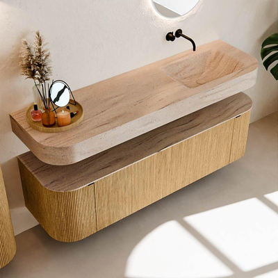 MONDIAZ THOR-DLUX 160cm badmeubel ronding links + rechts kleur Oak met 1 lade en 2 deuren. Vrijhangende wastafel CLOUD Rechts zonder kraangat kleur Saba.