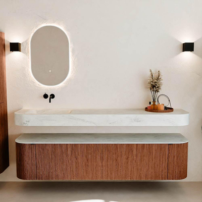 MONDIAZ THOR-DLUX Meuble de salle de bains - 190cm - arrondi gauche + droite - couleur Ruby - 2 tiroirs - 2 portes - Vasque suspendue CLOUD Gauche sans trou de robinet - couleur Opalo