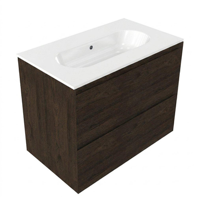 Saniclass Holz Pure Ensemble de meubles de salle de bains - 80x45x73.9cm - Lavabo en céramique Chaci blanc - 1 vasque - sans trou de robinetterie - 2 tiroirs - chêne charcoal mat (bois)