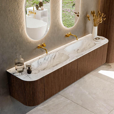 MONDIAZ KURVE-DLUX 190cm badmeubel met module 25 Len R kleur Walnut met 2 lades en 2 deuren. Wastafel STOR SMALL dubbel zonder kraangat kleur Glace.