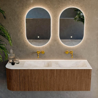 MONDIAZ KURVE-DLUX 145cm Meuble salle de bain avec module 25 G - couleur Walnut - 1 tiroir - 1 porte - vasque LEAF double / droite - sans trou de robinet - couleur Frappe