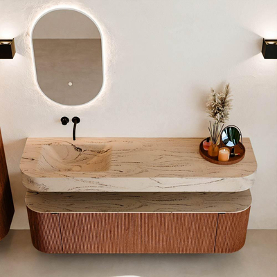 MONDIAZ THOR-DLUX 160cm meuble de salle de bains arrondi gauche + droite couleur Ruby avec 1 tiroir et 2 portes. Vasque suspendue CLOUD gauche sans trou de robinet couleur Arena.