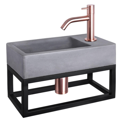 Differnz Force kit lave-mains - 40x22x8cm - Rectangulaire - 1 trou de robinet - Robinet en cuivre rose courbé - avec cadre noir - Gris béton