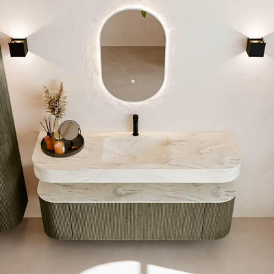 MONDIAZ THOR-DLUX 150cm meuble de salle de bains arrondi gauche + droite couleur Shadow avec 1 tiroir et 2 portes. Vasque suspendue CLOUD Milieu 1 trou de robinet couleur Ostra.