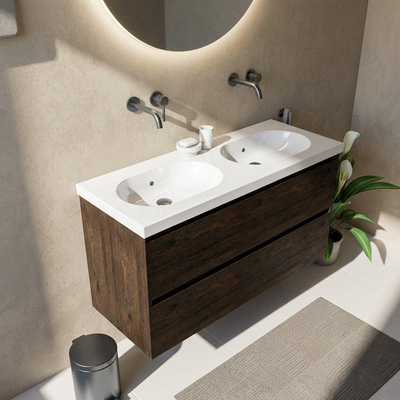 Saniclass Holz Pure Ensemble meuble de salle de bains - 120x45x63.5cm - lavabo Palermo en céramique blanc - 2 vasques - sans trous de robinet - 4 tiroirs - chêne charcoal mat (bois)