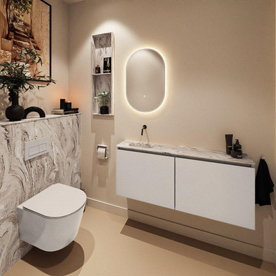 MONDIAZ TURE-DLUX Meuble de toilettes 120 cm Linen. Lavabo EDEN Glace position gauche. Sans trou de robinet.