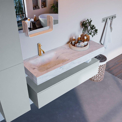 Mondiaz ALAN-DLUX Ensemble de meuble - 130cm - meuble Clay mat - 1 tiroir - Lavabo Cloud Opalo suspendu - vasque Gauche - 1 trou de robinet