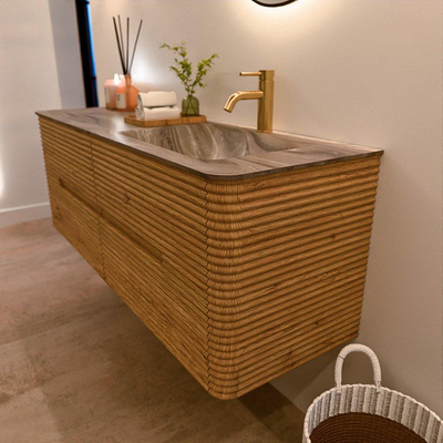 Mondiaz CIRO-DLUX Badkamermeubelset - 140x45x50cm - Solid surface wastafel Sombra - 1 wasbak Rechts - 1 kraangat - 4 lades - Oak