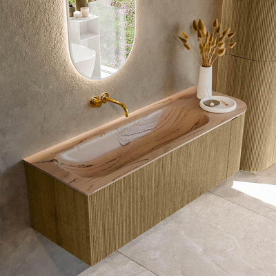 MONDIAZ KURVE-DLUX 135cm meuble de salle de bains arrondi droit couleur Dusk avec 1 tiroir et 1 porte. Vasque BIG MEDIUM gauche sans trou de robinet Arena.