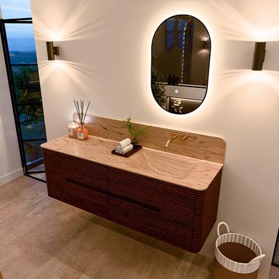 Mondiaz CIRO-DLUX Meuble de salle de bains - 150x45x50cm - Plan vasque en solid surface Arena - 1 vasque à droite - sans trous de robinet - 4 tiroirs - Ruby