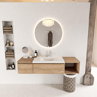 MONDIAZ BUKLA meuble de salle de bain 160cm avec module ouvert 40 à droite couleur Chêne blanchi avec 2 tiroirs. Lavabo CLOUD centre 1 trou de robinet couleur Talc.