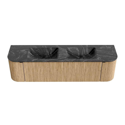 MONDIAZ KURVE-DLUX Meuble de salle de bains 170 cm avec module 25 Len R couleur Chêne avec 1 tiroir et 2 portes. Vasque LEAF double sans trou de robinet couleur Lava.