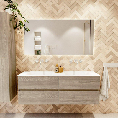 Mondiaz VICA ensemble de meuble de salle de bain - 140cm - meuble sous-vasque marron clair gris - 4 tiroirs - lavabo cloud double - sans trous de robinet - version haute de 60cm - talc