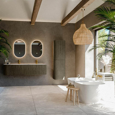 Mondiaz KURVE Ensemble de meuble salle de bain - 165x46x40cm - 2 tiroirs - 1 porte - lavabo en solid surface - double / droite - 2 trous de robinet - Shadow