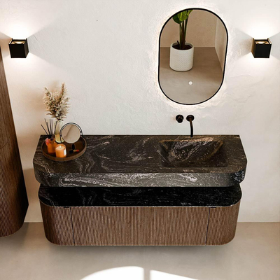 MONDIAZ THOR-DLUX 150cm badmeubel ronding links + rechts kleur Walnut met 1 lade en 2 deuren. Vrijhangende wastafel CLOUD Rechts zonder kraangat kleur Lava.