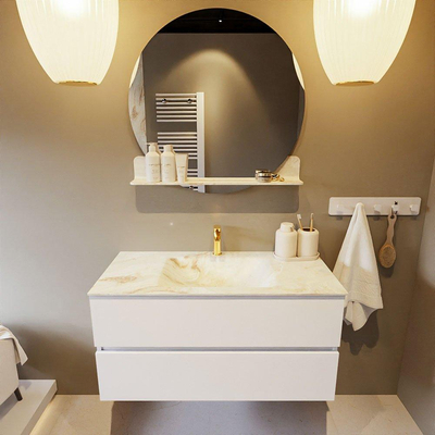 MONDIAZ VICA-DLUX Ensemble meuble de salle de bains - 100cm - meuble bas talc - 2 tiroirs - lavabo encastré cloud centré - 1 trou de robinet - version hauteur 60cm - frape