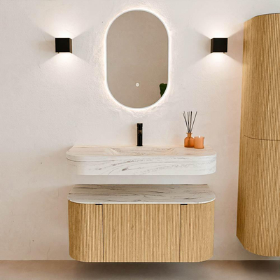 MONDIAZ THOR-DLUX 100cm badmeubel ronding links + rechts kleur Oak met 1 lade en 2 deuren. Vrijhangende wastafel CLOUD Midden 1 kraangat kleur Nata.
