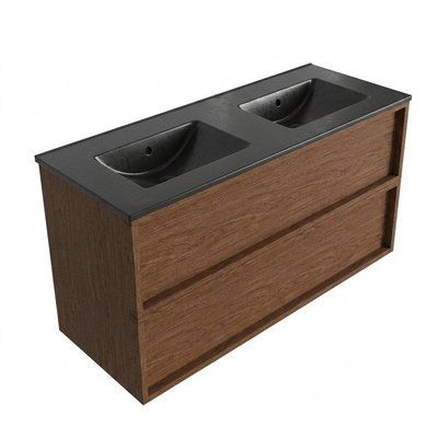 Saniclass Holz Frame Ensemble de meubles de salle de bains - 120x45x62cm - Vasque Vygo en céramique noire - 2 vasques - sans trous de robinet - 2 tiroirs - walnut pure mat (bois)