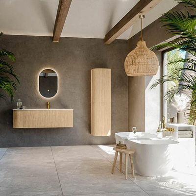 MONDIAZ KURVE 135cm Meuble salle de bain avec module 25 G - couleur Oak - 1 tiroir - 1 porte - vasque BIG MEDIUM droite - 1 trou de robinet - Talc