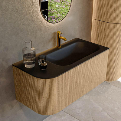 MONDIAZ KURVE 95cm Meuble salle de bain avec module 25 G - couleur Oak - 1 tiroir - 1 porte - vasque BIG SMALL droite - 1 trou de robinet - Urban