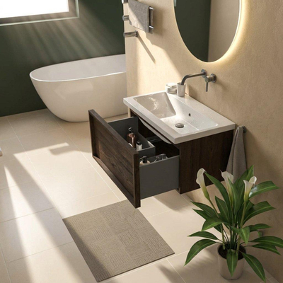 Saniclass Holz Frame Ensemble de meubles de salle de bains - 80x45x43.5cm - Lavabo Bari en céramique blanc - 1 vasque - sans trou de robinetterie - 1 tiroir - chêne charcoal mat (bois)