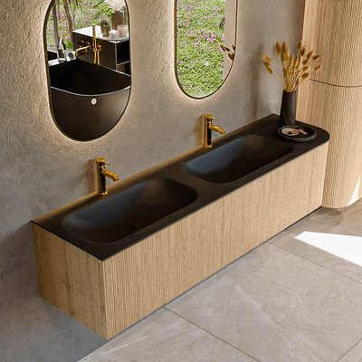 MONDIAZ KURVE 175cm Meuble salle de bain avec module 25 D - couleur Oak - 2 tiroirs - 1 porte - vasque BIG SMALL double / gauche - 2 trous de robinet - Urban