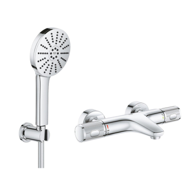 GROHE Precision Feel Robinet de baignoire thermostatique - 31.3cm - Vitalio Joy Ensemble de bain - douchette à main ronde - 3 jets - avec support - chrome