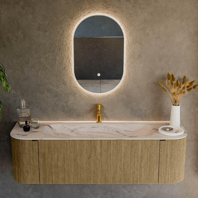 MONDIAZ KURVE-DLUX 150cm badmeubel ronding Links + Rechts kleur Dusk met 1 lade en 2 deuren. Wastafel BIG MEDIUM Midden 1 kraangat Nata.
