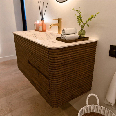 Mondiaz CIRO-DLUX Badkamermeubelset - 100x45x50cm - Solid surface wastafel Nata - 1 wasbak Midden - 1 kraangat - 2 lades - Dusk