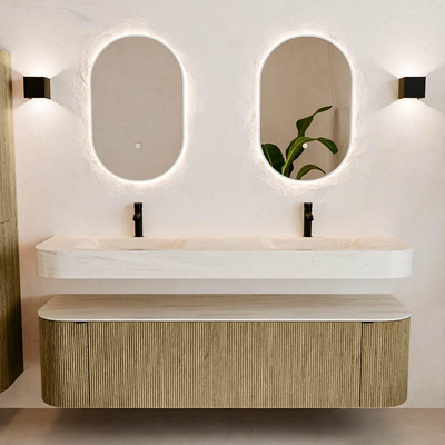 MONDIAZ THOR-DLUX 170cm meuble de salle de bains arrondi gauche + droite couleur Dusk avec 1 tiroir et 2 portes. Vasque suspendue CLOUD Double 2 trous de robinet couleur Meli.