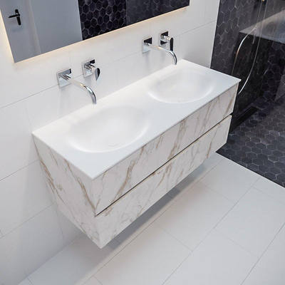 Mondiaz VICA ensemble de meuble de salle de bain - 120cm - meuble sous-vasque carrara - 2 tiroirs - lavabo moon double - sans trous de robinet - miroir LED - version XL 60cm de haut