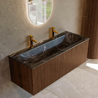 MONDIAZ KURVE-DLUX 120cm badmeubel kleur Walnut met 1 lade. Wastafel BIG LARGE midden 2 kraangaten kleur Lava.